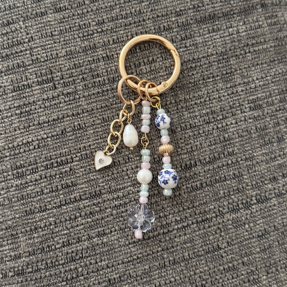 Blue & Gold Designer Inspired Beaded Bag Charm Keychain with Pearl Details